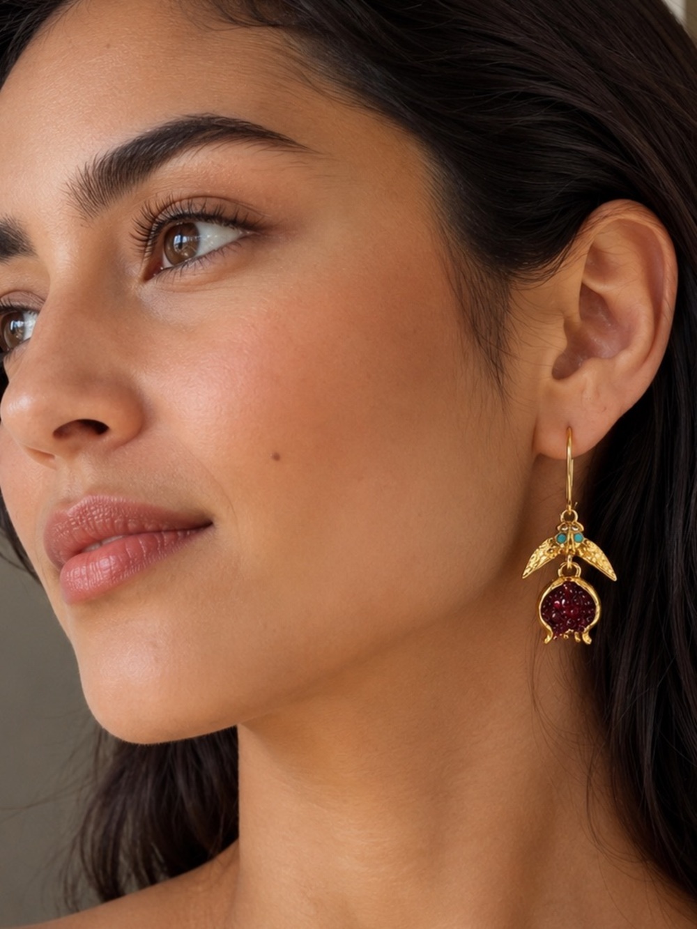 Gold Pomegranate Earrings Red Gemstone Statement Dangles - Picture 7 of 7